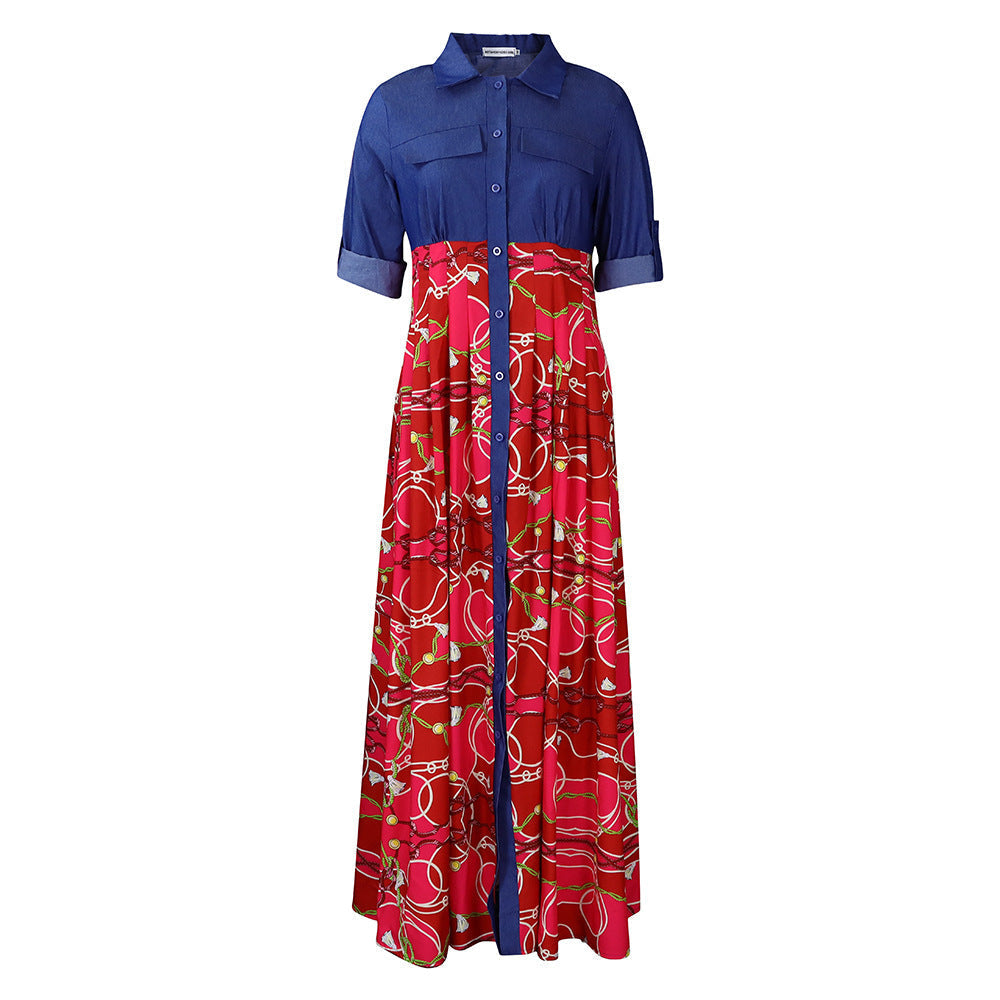 Casual Denim Stitching Printing Long Dress ORIS WEAR