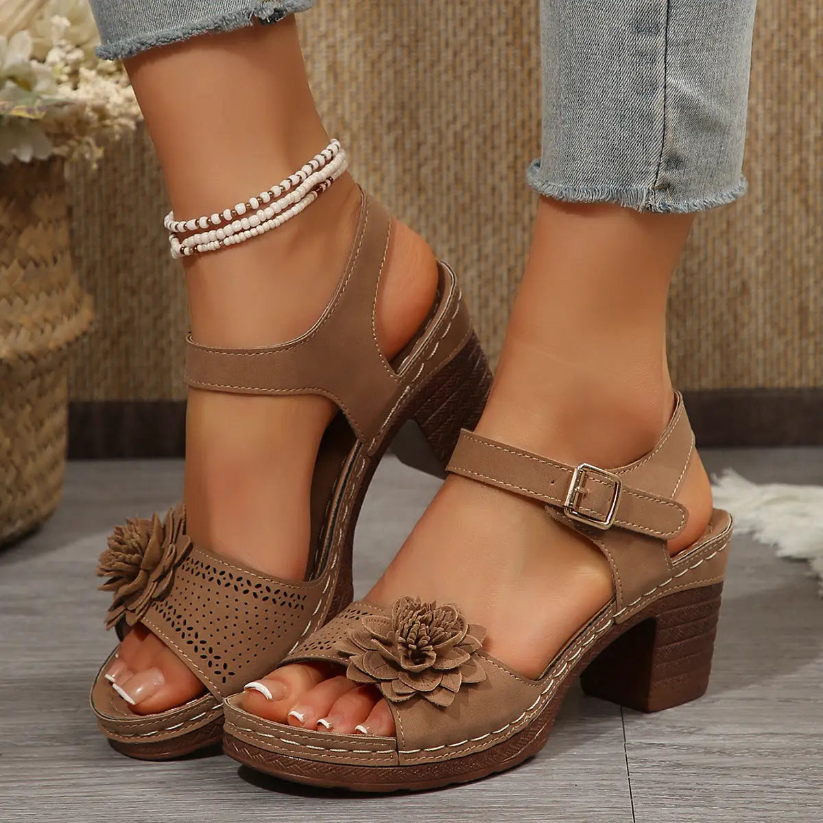 Sandales à Talon Épais avec Fleurs ORIS WEAR