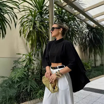 Top Femme Élégant Style Cape à Col Montant – Coupe Courte Chic ORIS WEAR
