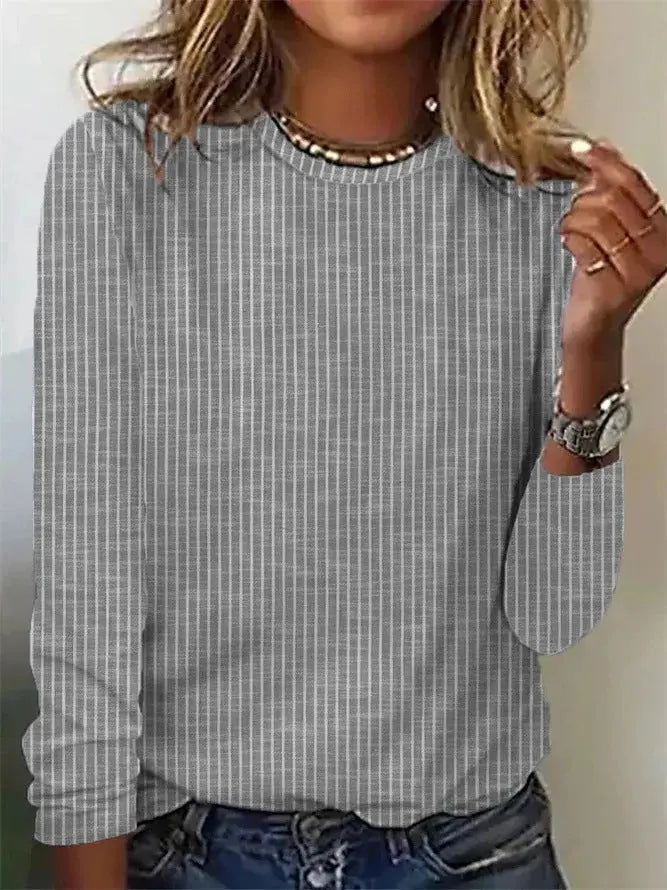 Loose Solid Color Striped Round Neck T-shirt For Women ORIS WEAR