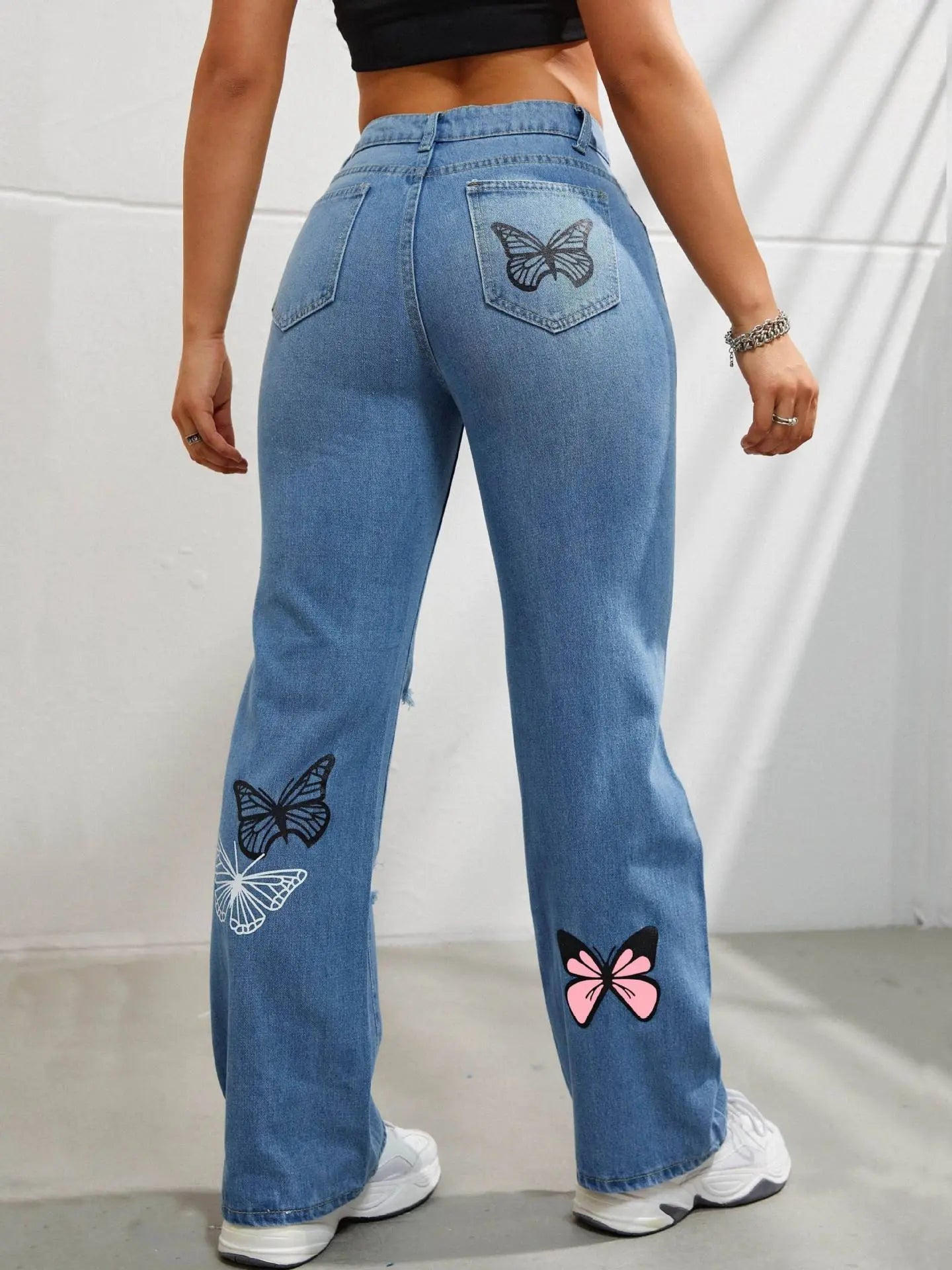 Jean Taille Haute à Imprimé Papillon &amp; Effet Usé ORIS WEAR