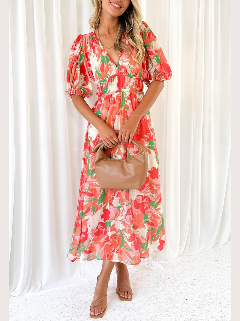 Robe longue femme bohème fleurs rouges — ORIS WEAR
