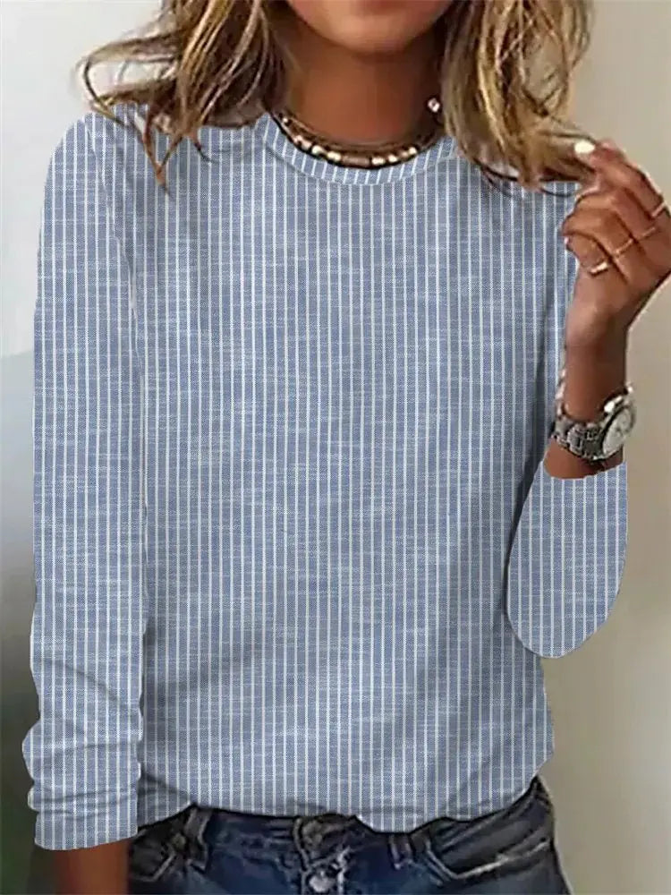 Loose Solid Color Striped Round Neck T-shirt For Women ORIS WEAR