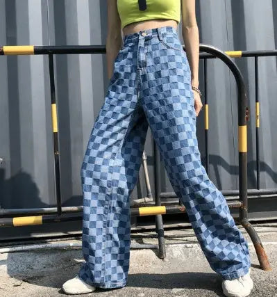 Keira – Pantalon à carreaux bleu à taille haute et jambe large ORIS WEAR