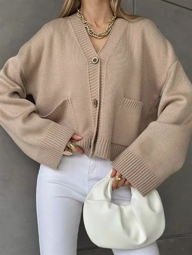 Cardigan en maille unie col V avec grandes poches pour femme ORIS WEAR