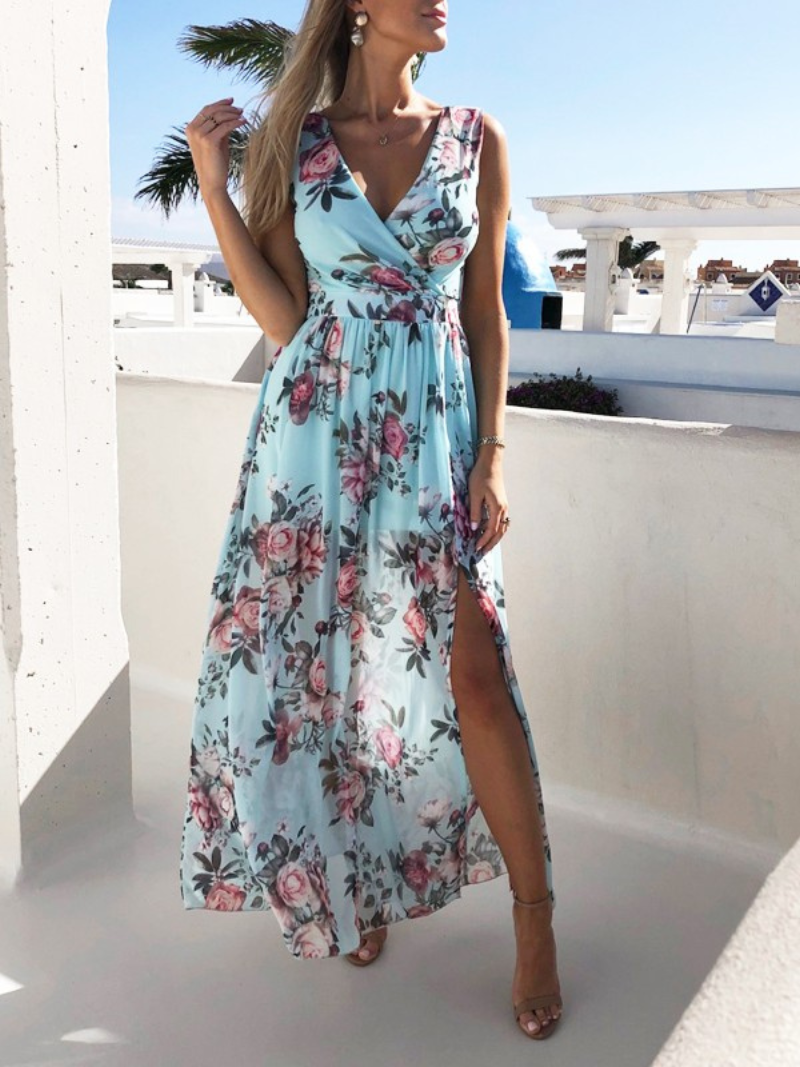 Robe Fendue Imprimé Col V en Chiffon ORIS WEAR