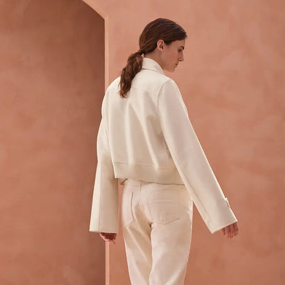 Veste Femme Courte en Cuir de Mouton – Style Rétro Élégant, Blanc Crème ORIS WEAR