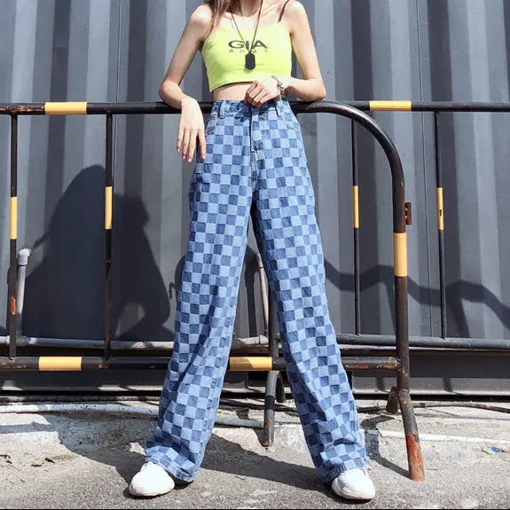 Keira – Pantalon à carreaux bleu à taille haute et jambe large ORIS WEAR