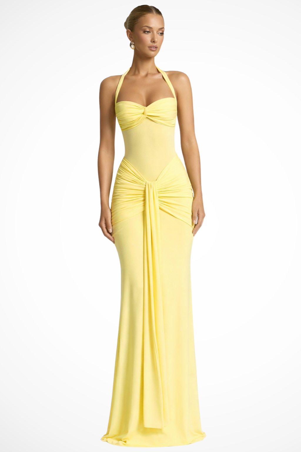Celine | Robe Maxi à Encolure Halter Froncée pour Invitées de Mariage Celeste London