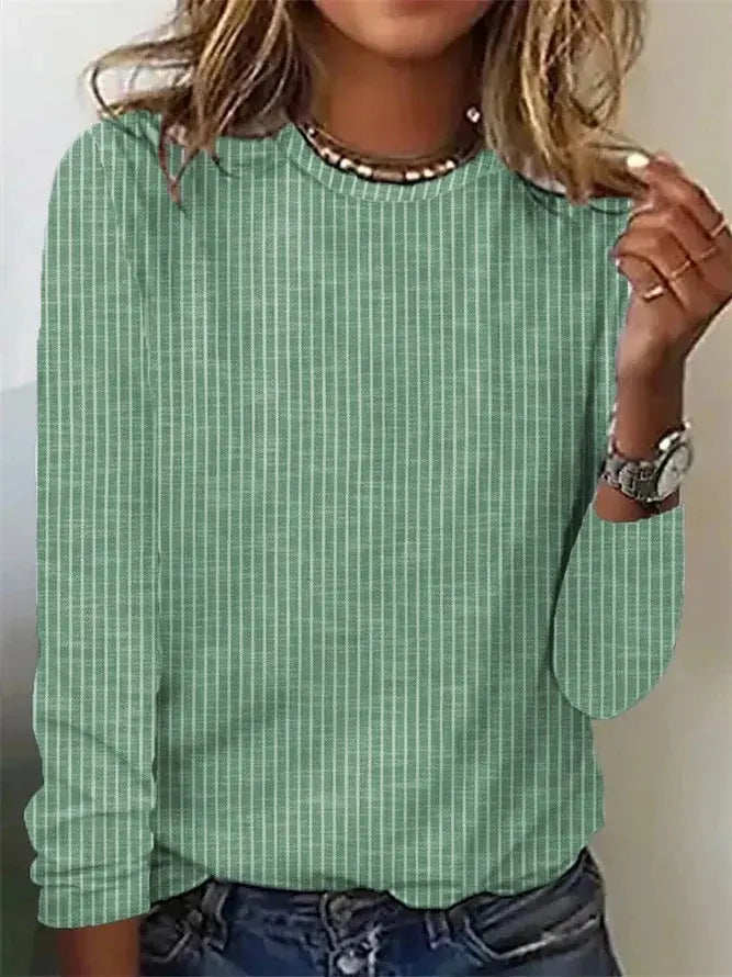 Loose Solid Color Striped Round Neck T-shirt For Women ORIS WEAR