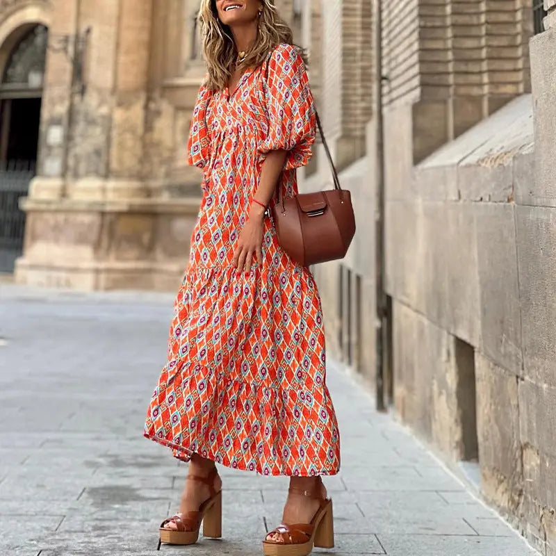 Summer Women's Vintage Printed Bohemian Dress Elegant Ladies Casual Loose V-Neck Short Sleeve Long Dresses ORIS WEAR
