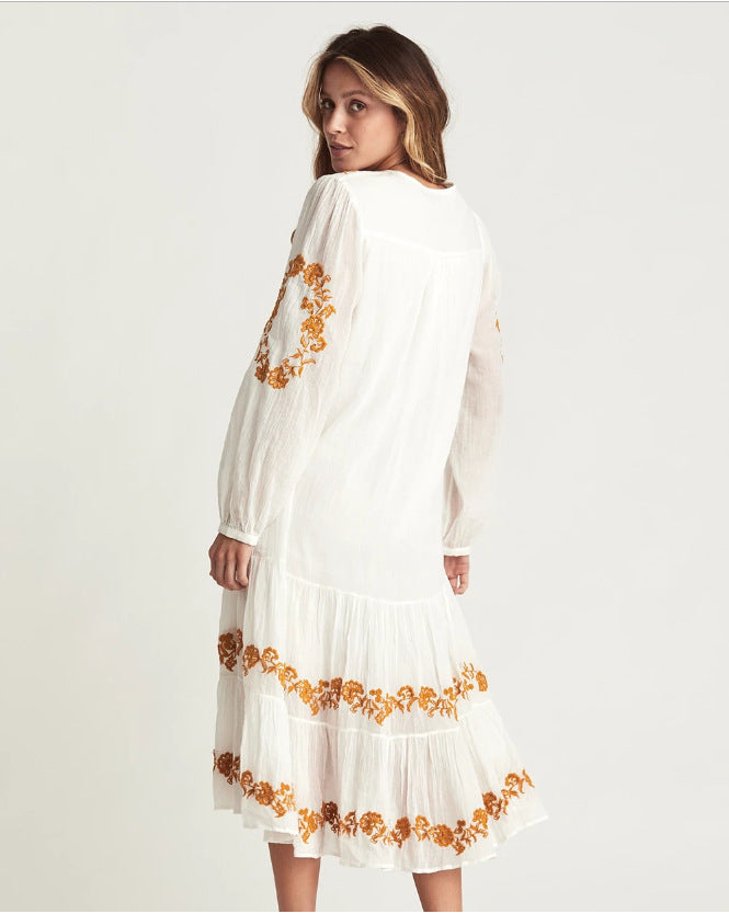 Robe ample brodée à col en V Jupe longue brodée ORIS WEAR