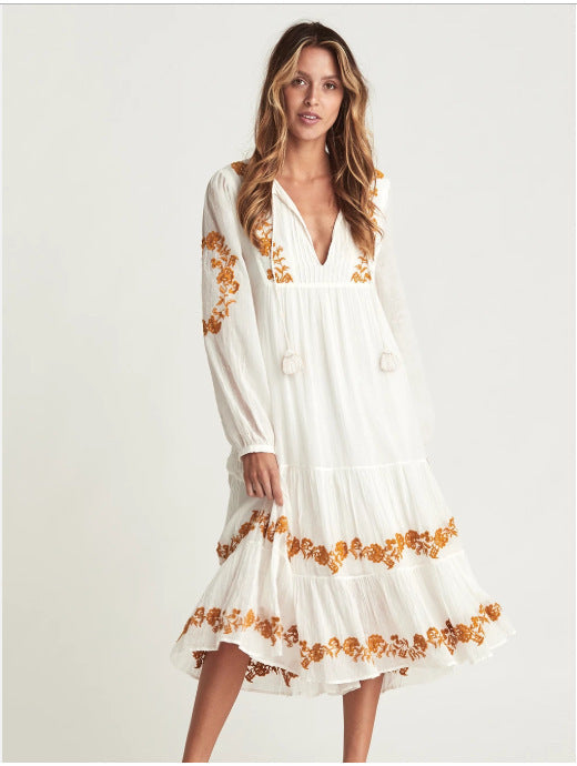 Robe ample brodée à col en V Jupe longue brodée ORIS WEAR