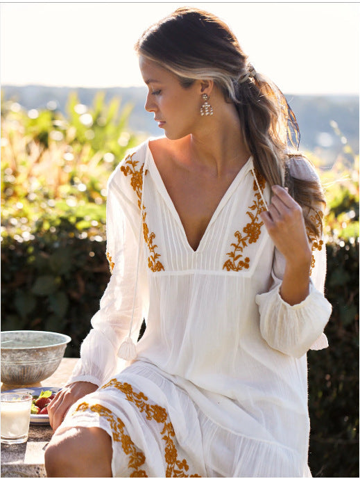Robe ample brodée à col en V Jupe longue brodée ORIS WEAR