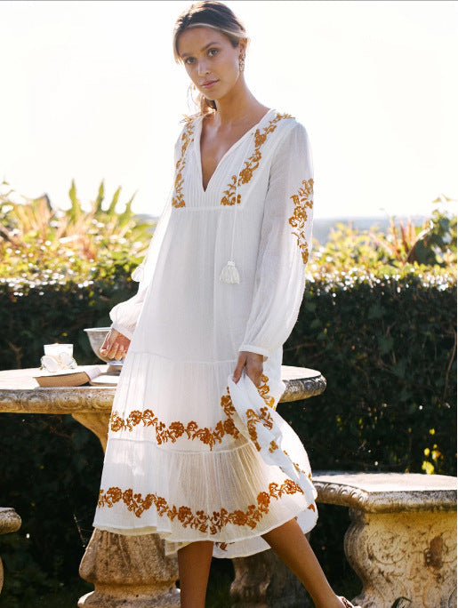 Robe ample brodée à col en V Jupe longue brodée ORIS WEAR