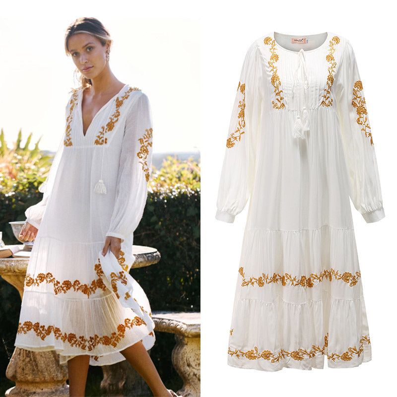 Robe ample brodée à col en V Jupe longue brodée ORIS WEAR
