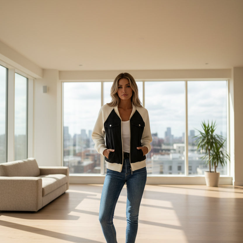 Veste en jean patchwork tendance à capuche pour femme ORIS WEAR