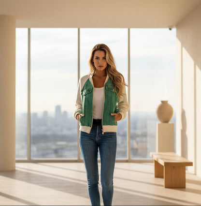 Veste en jean patchwork tendance à capuche pour femme ORIS WEAR