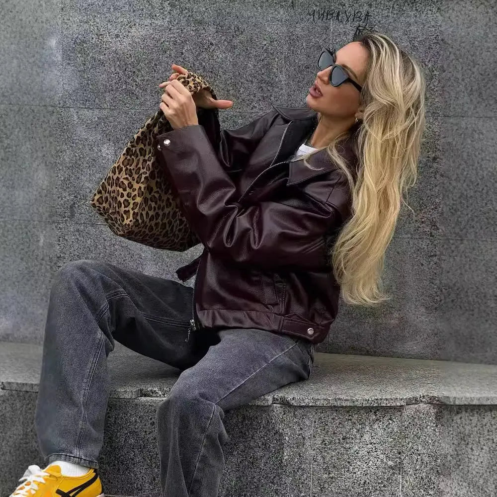 Veste en Cuir à Col Revers et Fermeture Éclair pour Femme ORIS WEAR