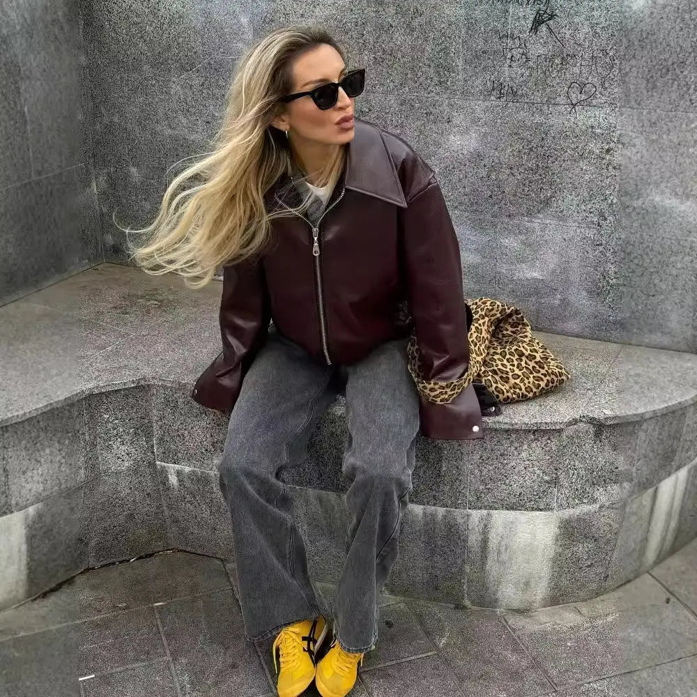 Veste en Cuir à Col Revers et Fermeture Éclair pour Femme ORIS WEAR