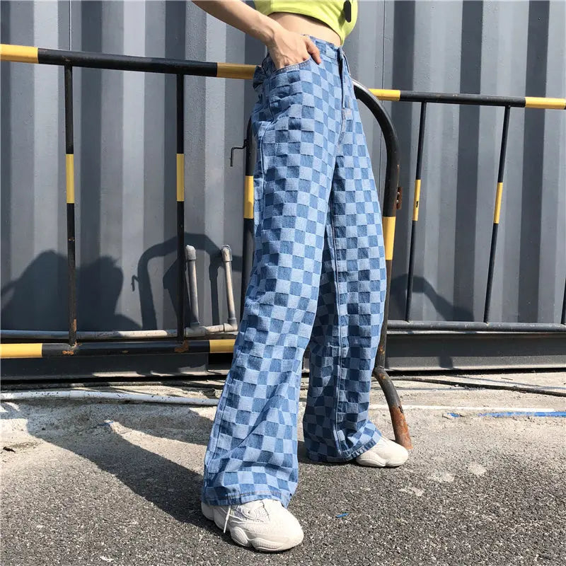 Keira – Pantalon à carreaux bleu à taille haute et jambe large ORIS WEAR