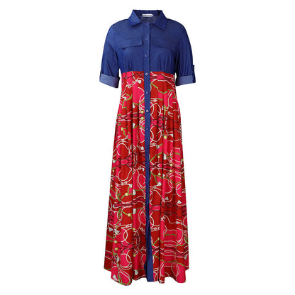 Casual Denim Stitching Printing Long Dress ORIS WEAR