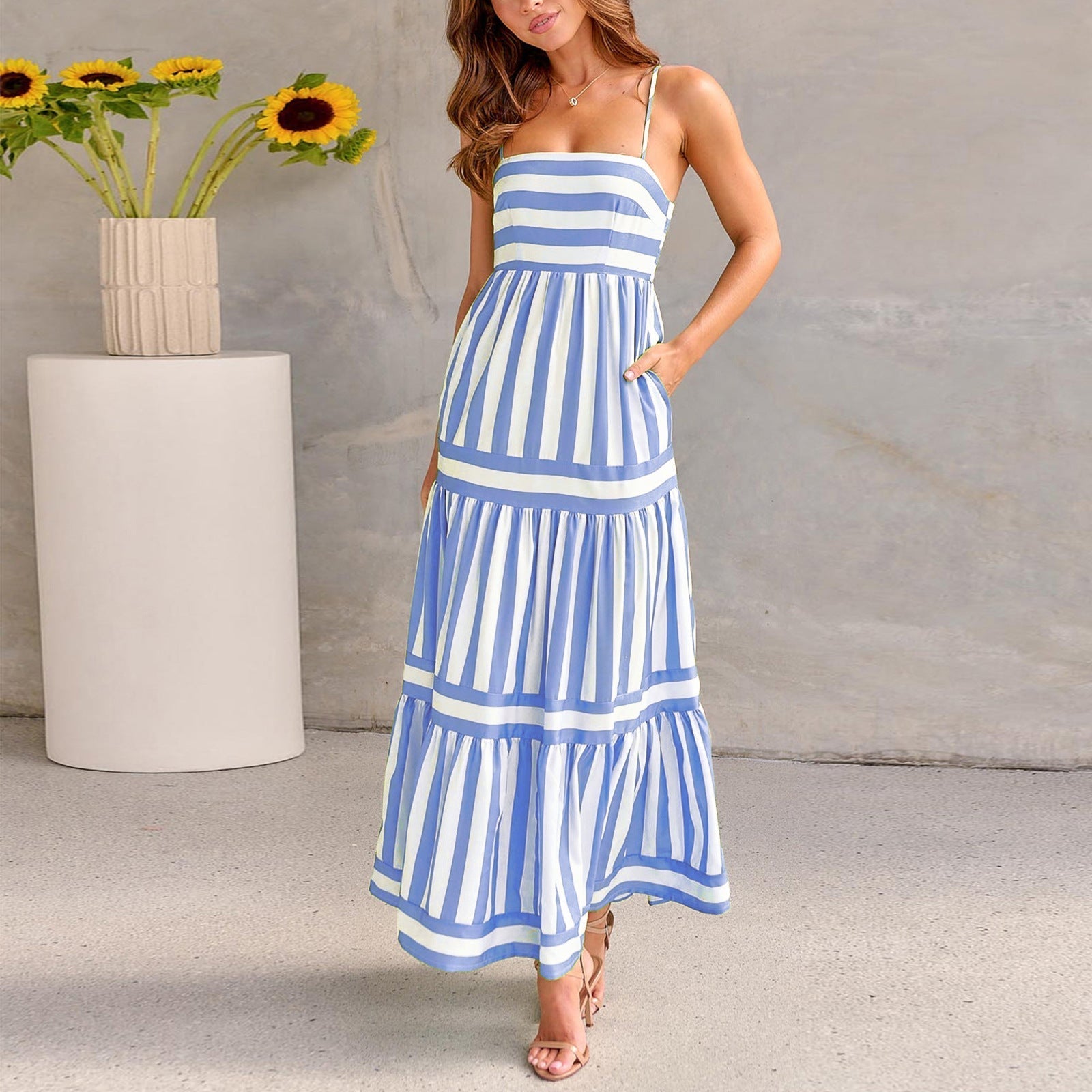 Robe Longue Rayée À Bretelles Avec Poches ORIS WEAR