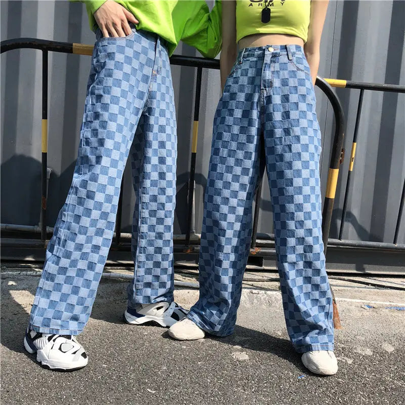 Keira – Pantalon à carreaux bleu à taille haute et jambe large ORIS WEAR