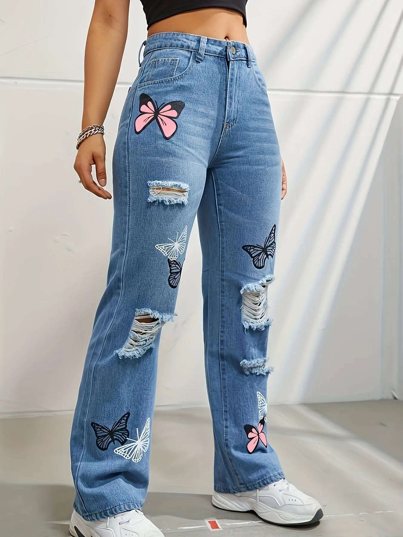 Jean Taille Haute à Imprimé Papillon &amp; Effet Usé ORIS WEAR