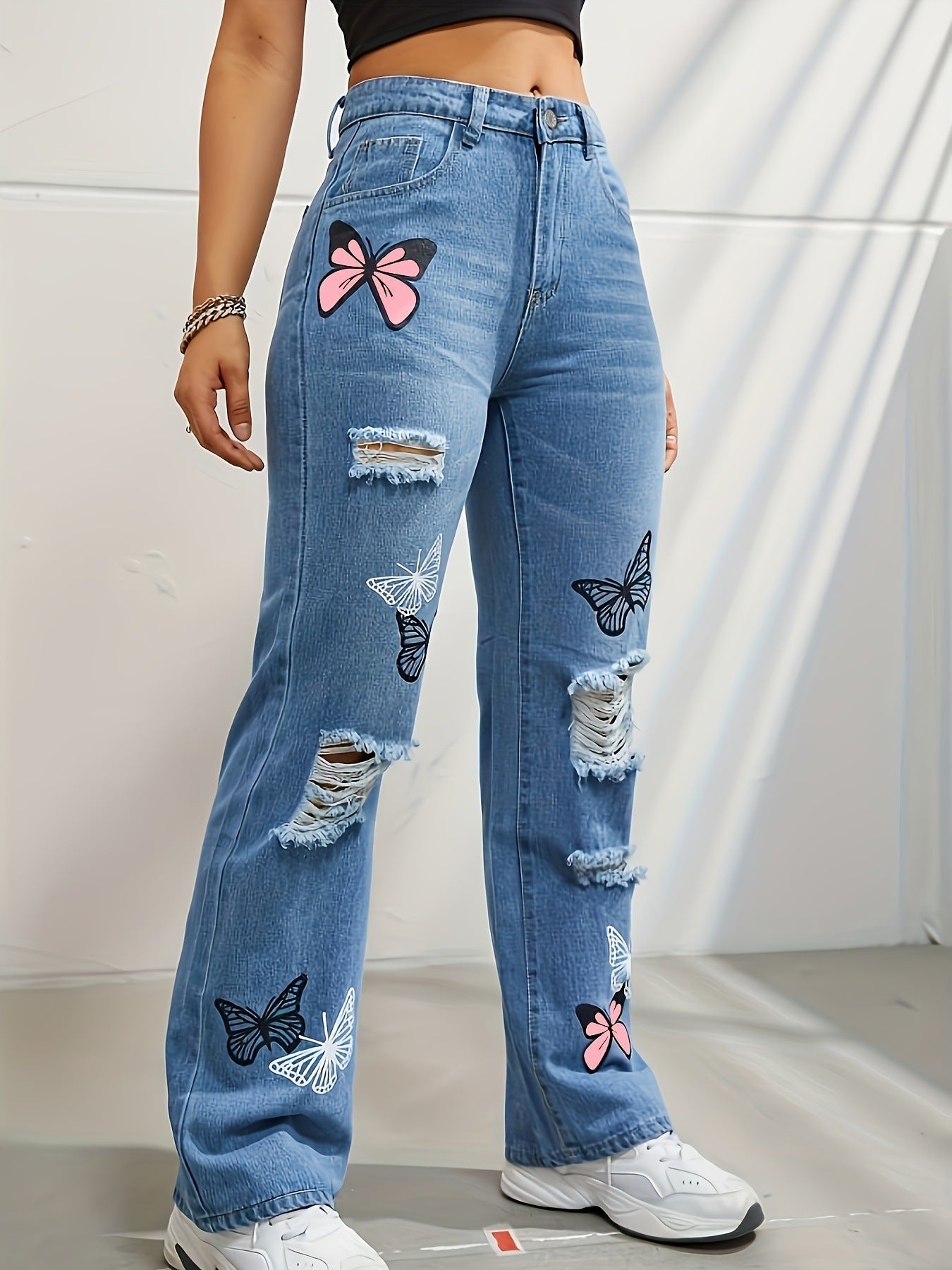 pantalon en denim déchiré à imprimé papillons 🦋 ORIS WEAR