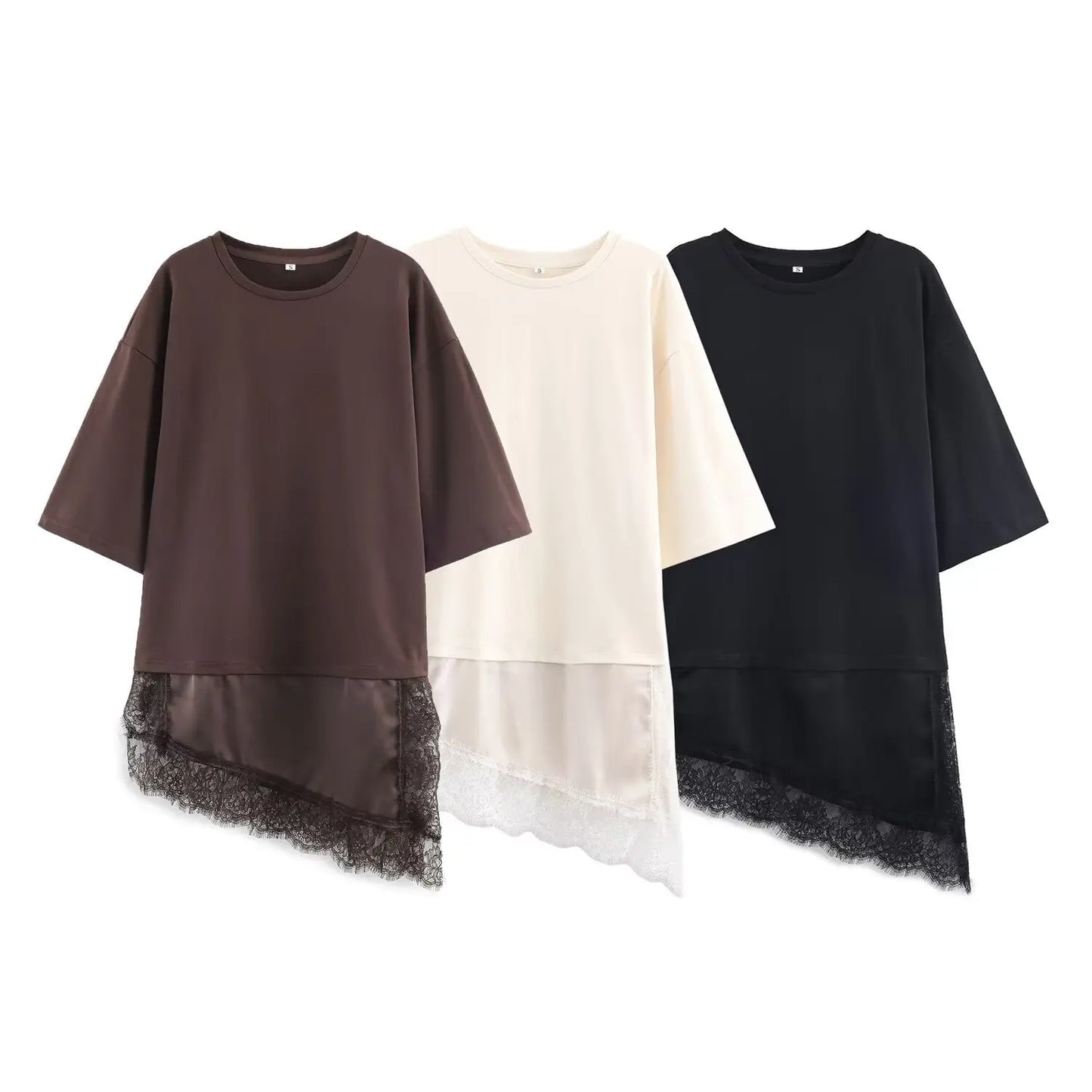 Summer Chic Fashion T-Shirt With A Patchwork Lace Hem ORIS WEAR
