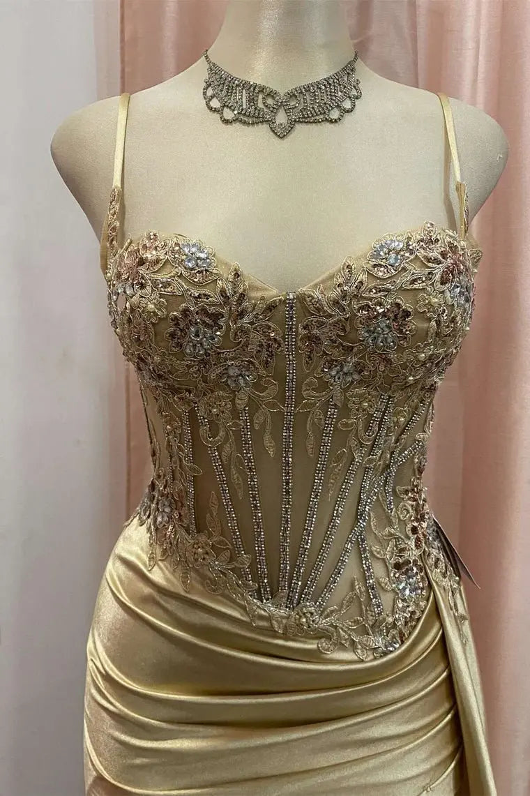 Paddy | Silver Spaghetti Straps Mermaid Appliqued Prom Dress With Split