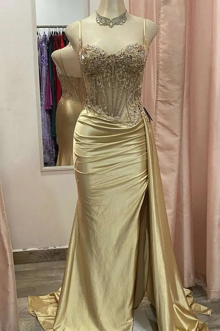 Paddy | Silver Spaghetti Straps Mermaid Appliqued Prom Dress With Split