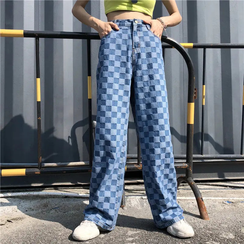 Keira – Pantalon à carreaux bleu à taille haute et jambe large ORIS WEAR