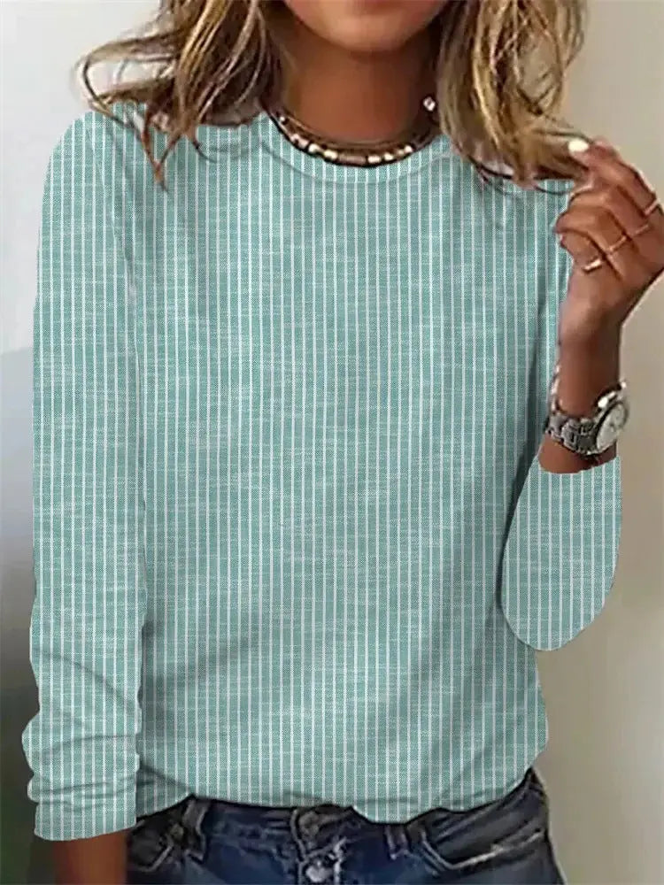 Loose Solid Color Striped Round Neck T-shirt For Women ORIS WEAR