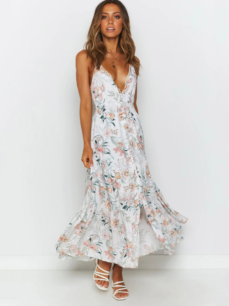 Robe midi femme fleurie blanc — ORIS WEAR