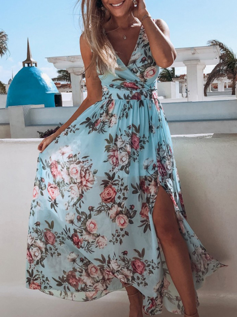 Robe Fendue Imprimé Col V en Chiffon ORIS WEAR