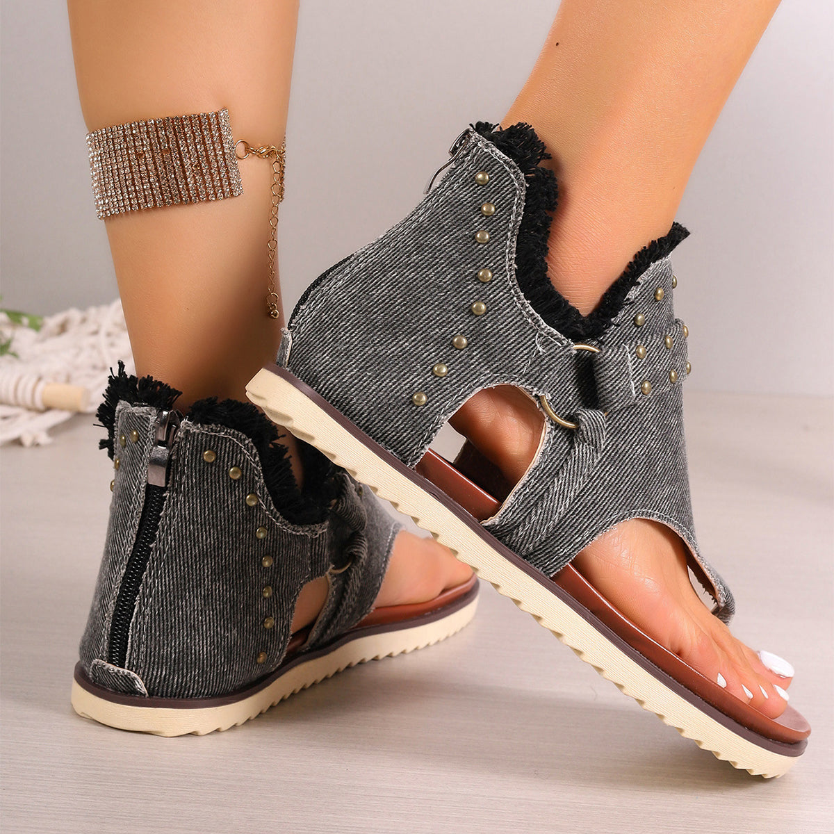Sandales plates en jean avec fermeture éclair à l'arrière ORIS WEAR