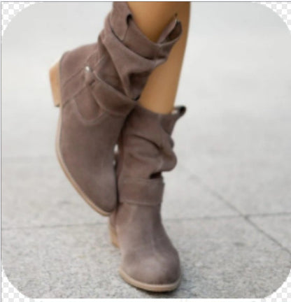 Bottes Western Femme en Daim – Bout Pointu Mi-Mollet