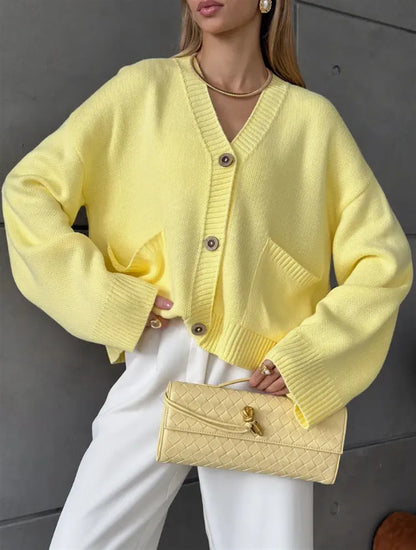 Cardigan en maille unie col V avec grandes poches pour femme ORIS WEAR