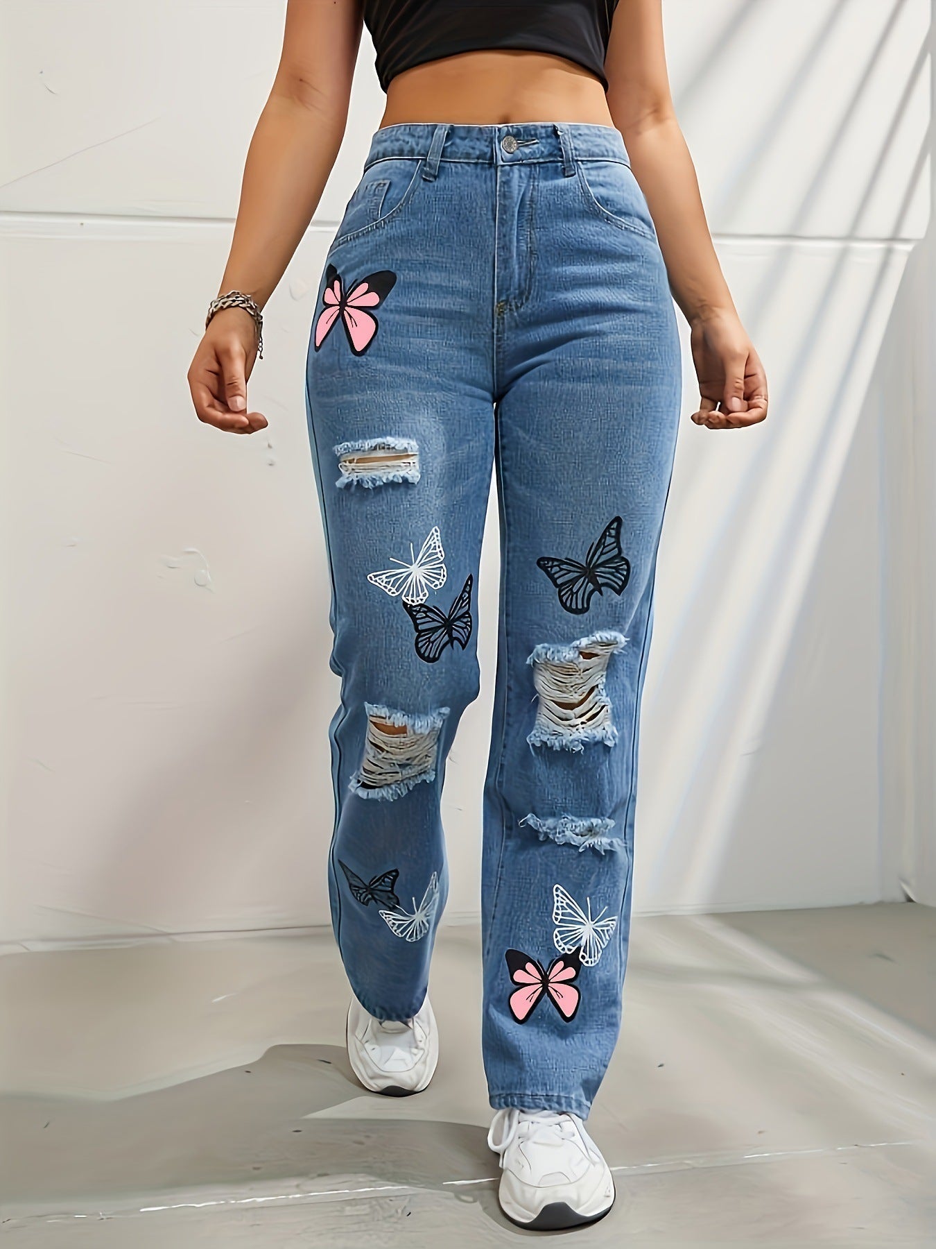pantalon en denim déchiré à imprimé papillons 🦋 ORIS WEAR
