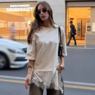 Summer Chic Fashion T-Shirt With A Patchwork Lace Hem ORIS WEAR