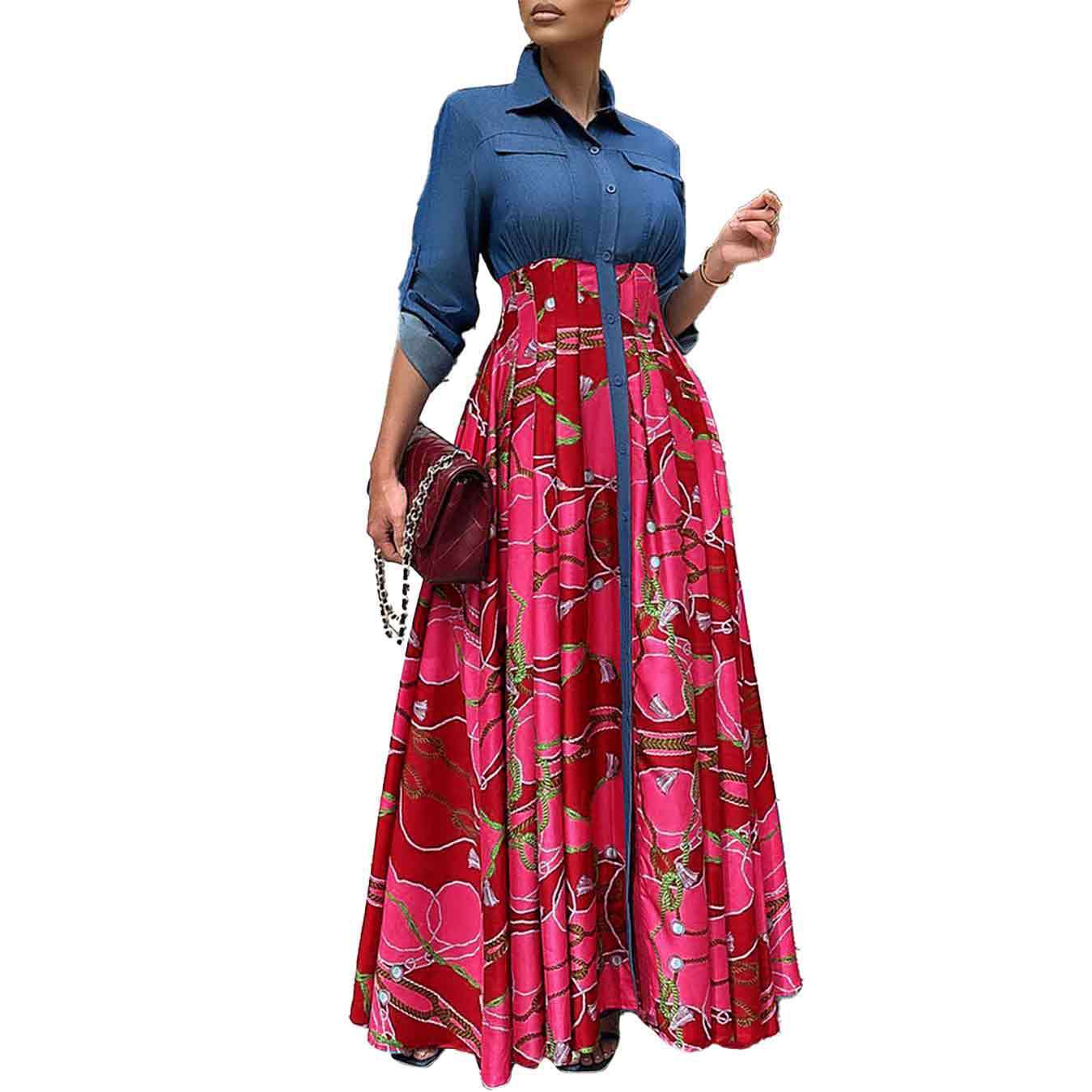 Casual Denim Stitching Printing Long Dress ORIS WEAR