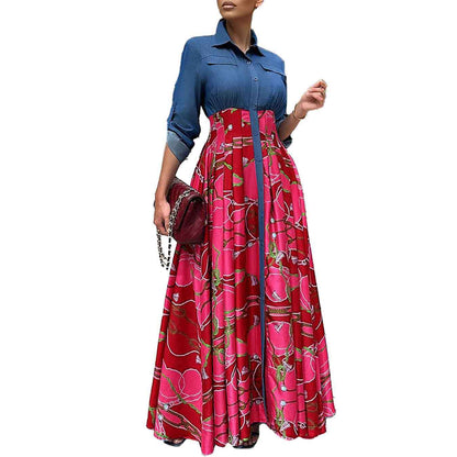 Casual Denim Stitching Printing Long Dress ORIS WEAR