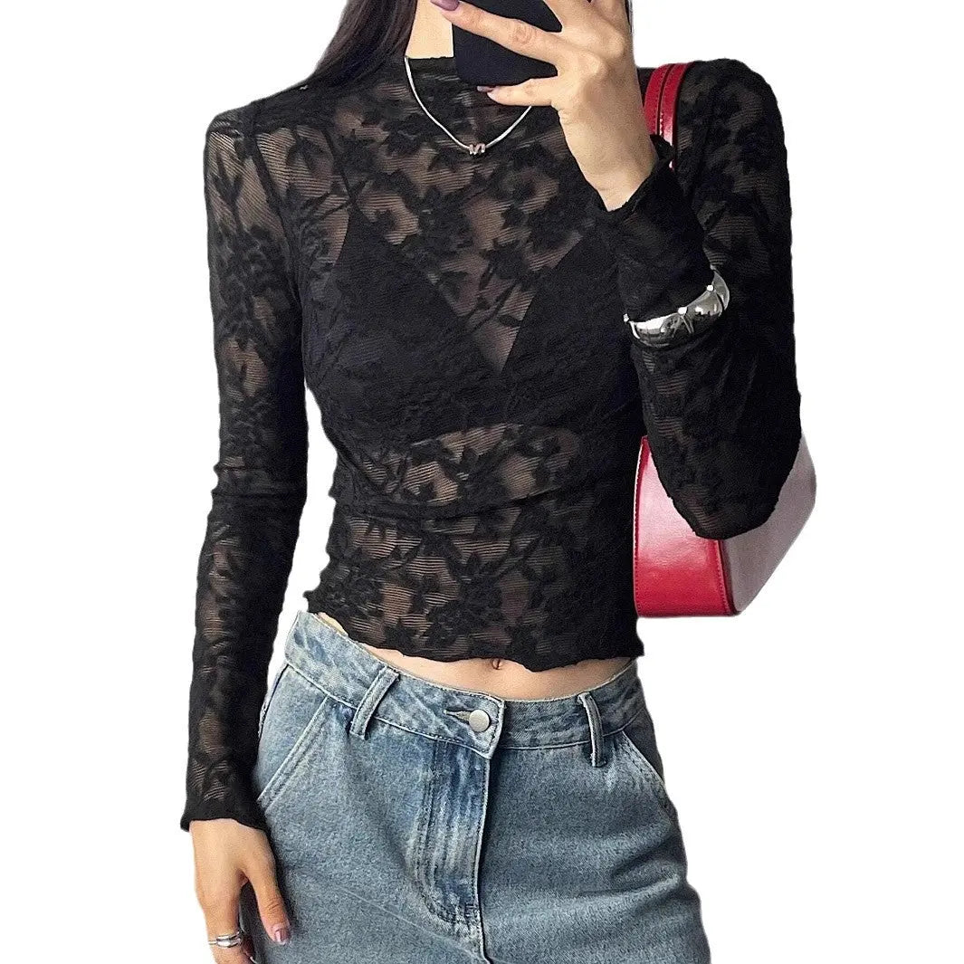 Womens Stand-Up Collar Sheer Lace Bodycon Long-Sleeve T-Shirt ORIS WEAR