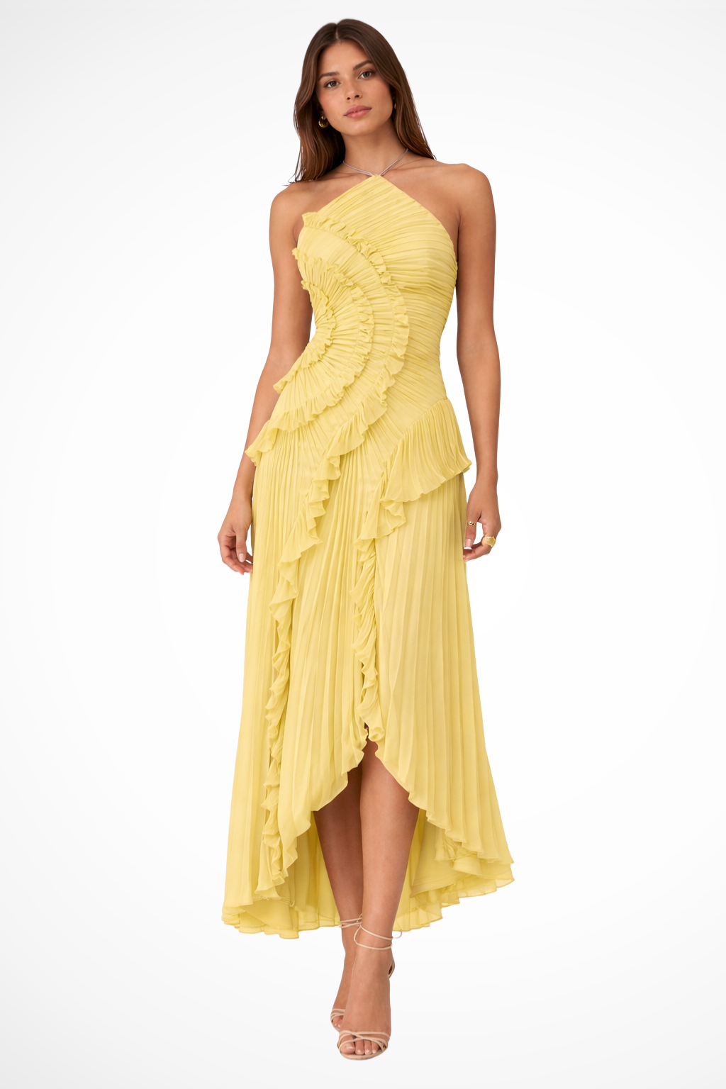 Imogen | Robe Maxi d'Été sans Manches à Col Halter et Volants pour Femmes Invitées à un Mariage Celeste London