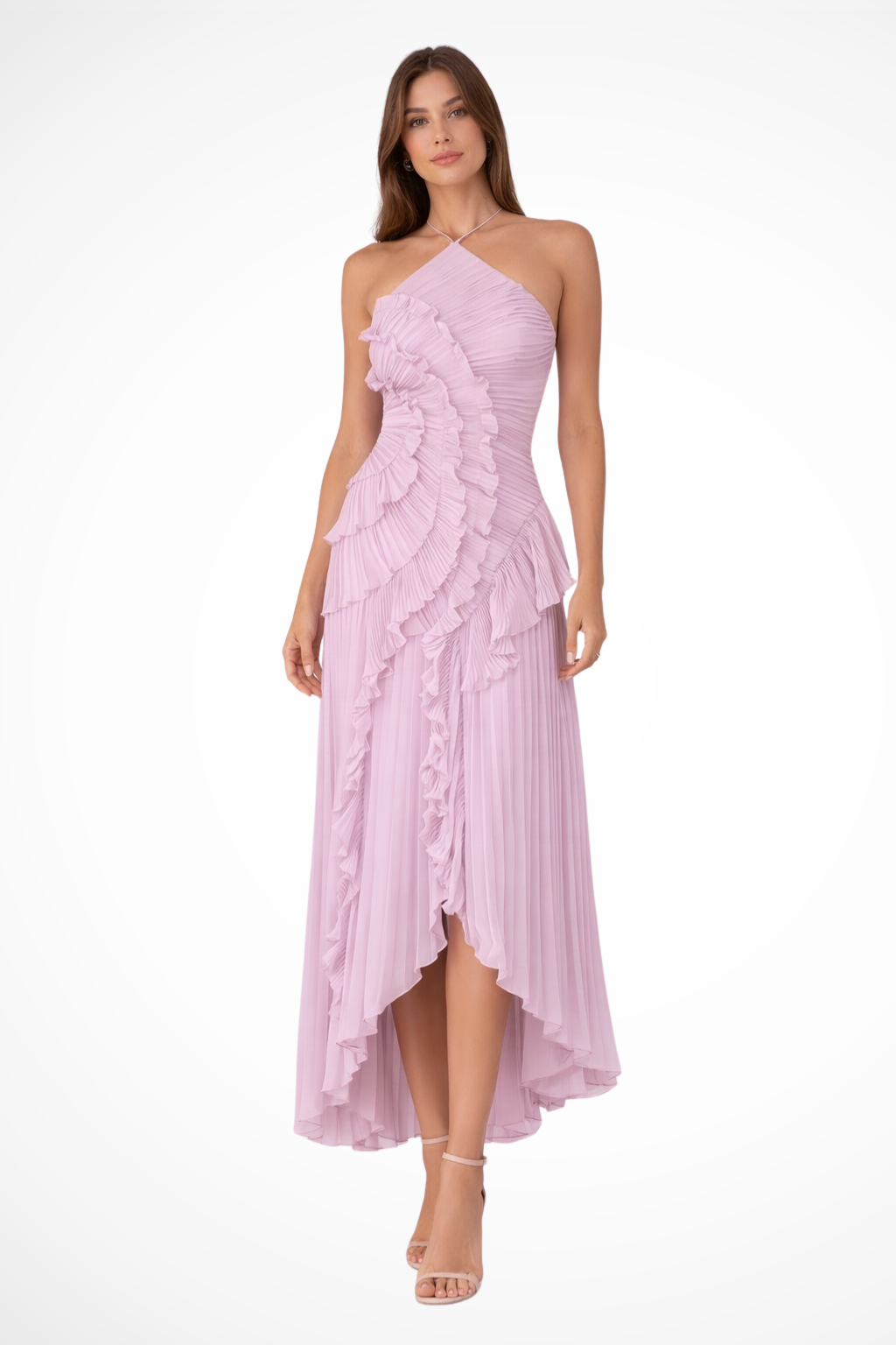 Imogen | Robe Maxi d'Été sans Manches à Col Halter et Volants pour Femmes Invitées à un Mariage Celeste London