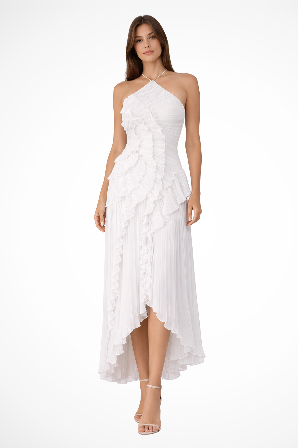 Imogen | Robe Maxi d'Été sans Manches à Col Halter et Volants pour Femmes Invitées à un Mariage Celeste London