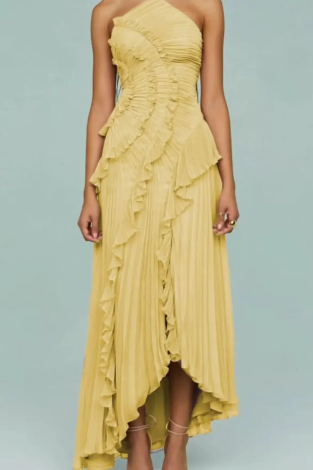 Imogen | Robe Maxi d'Été sans Manches à Col Halter et Volants pour Femmes Invitées à un Mariage Celeste London