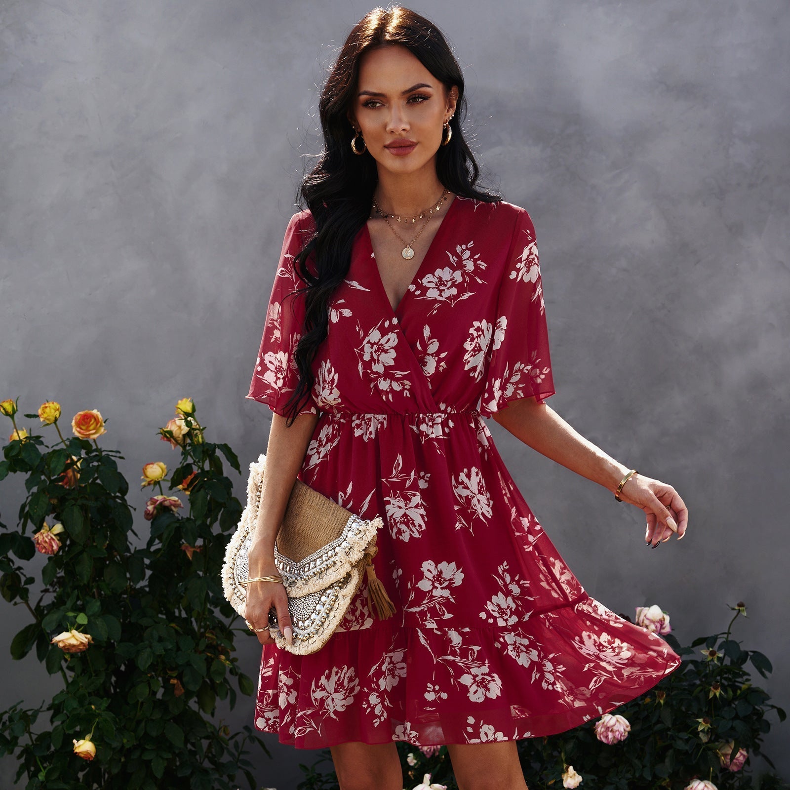 Robe en mousseline fleurie à volants et col en V ORIS WEAR